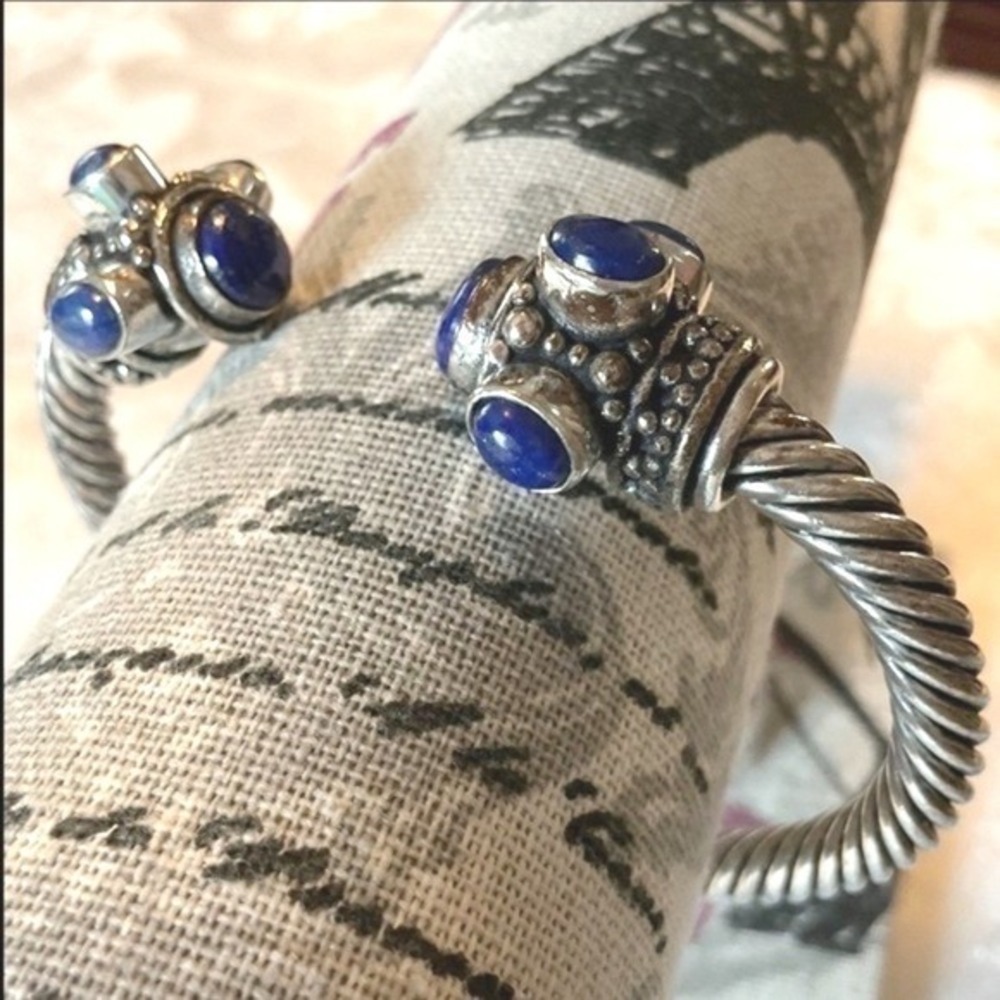 Silver Tone Blue Lapis Stone Bajalia Twisted Cuff Bracelet Statement Jewelry - Picture 2 of 10